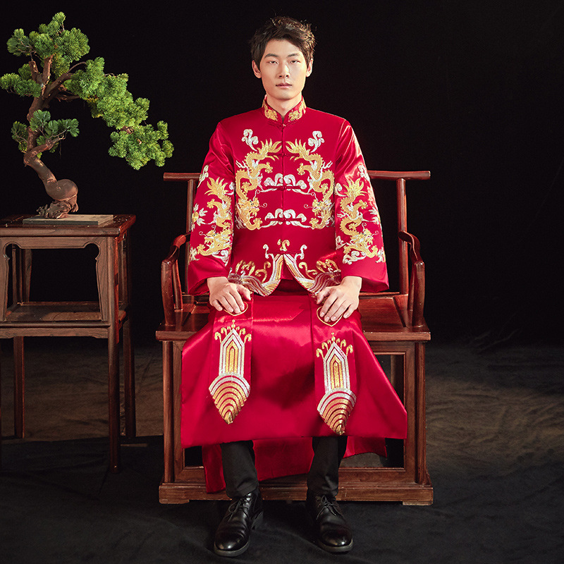 盘金绣秀禾服2019男装古装中式新郎结婚礼服龙凤褂男士敬酒服批发