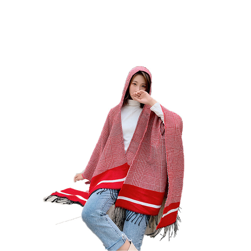 Houndstooth Red Hooded Cloak Tibet Yunnan Travel Thick Warm All-Match Cloak Coat Shawl