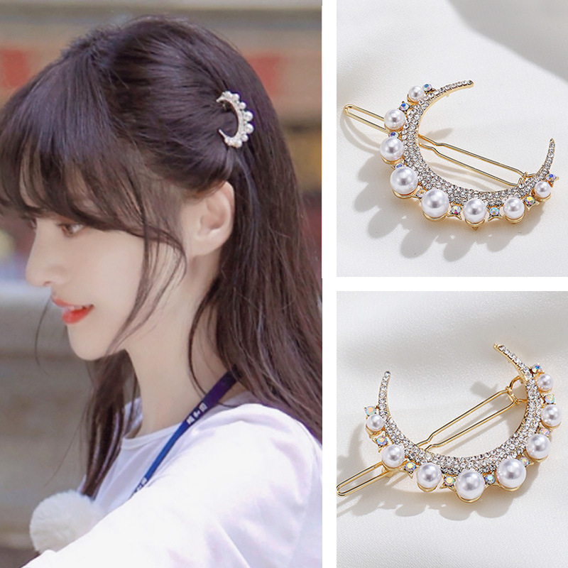 新款水钻月亮边夹 金银月亮珍珠发夹发卡刘海夹侧夹顶夹一字夹女