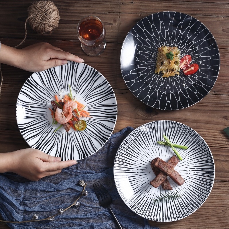 陶瓷浅盘圆形创意花纹图案装饰挂墙摆件家用圆盘意面私房菜盘子