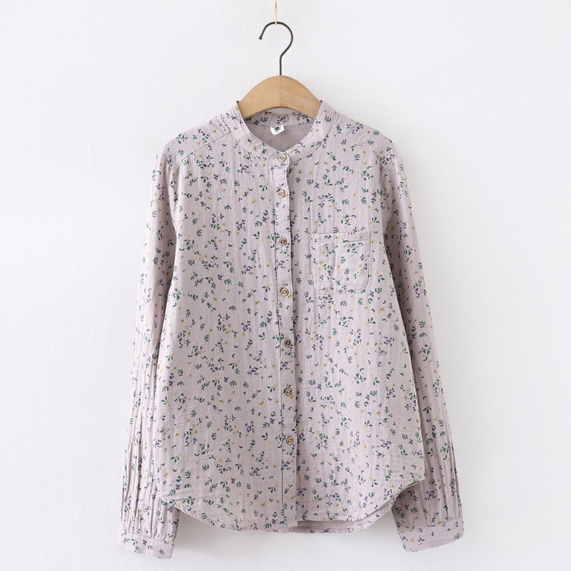 68255安静的棉纱小衫 清新美好的碎花印花 双层棉纱衬衫女长袖