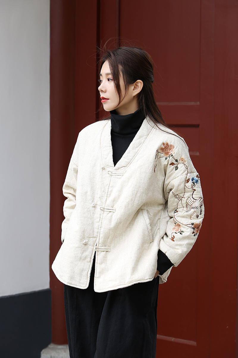 2020冬棉麻女装小暖 砂洗亚麻刺绣复古短款小棉衣棉服3色 特