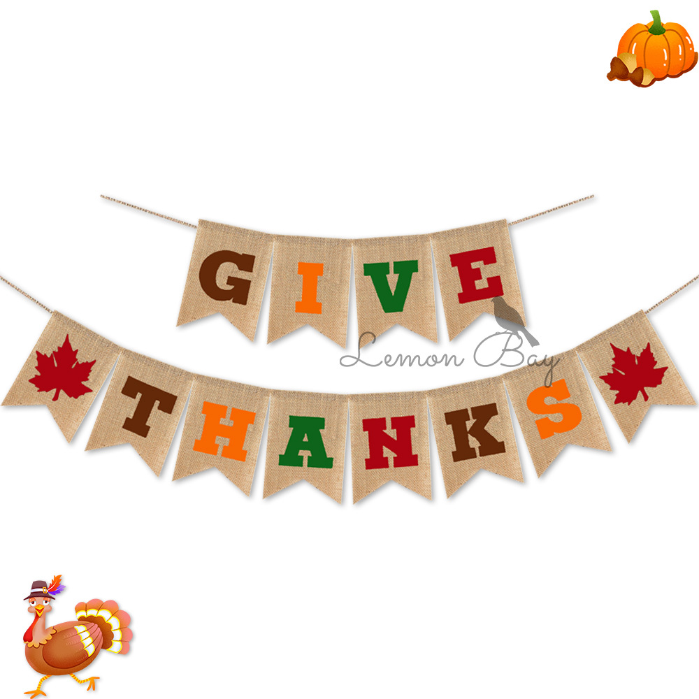 givethanks感恩节派对装饰麻布拉旗复古枫叶拉花厂家直销批发