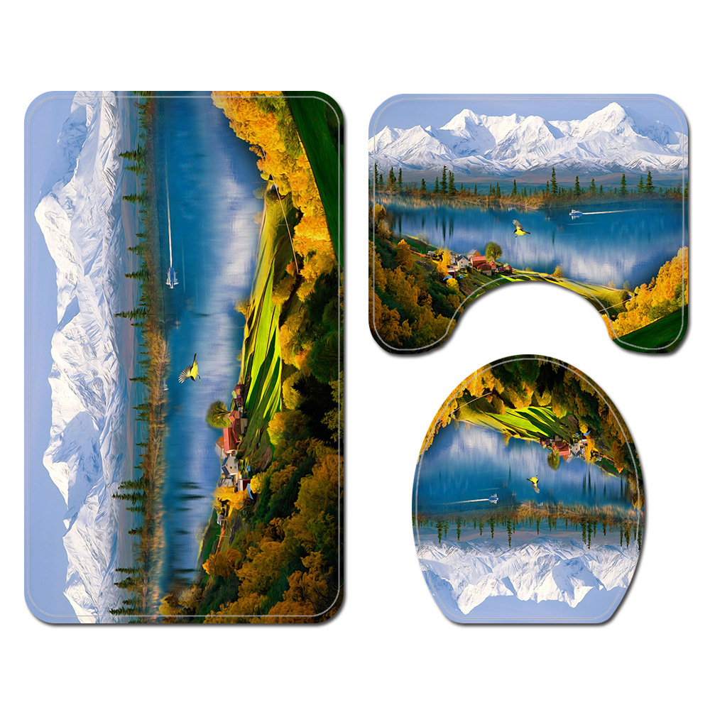 Snow Mountain Reflection Printing Toilet Floor Mat Shower Curtain Four-Piece Set Toilet Seat Cover Bathroom Non-Slip Mat Set Foreign Trade Hot Sale