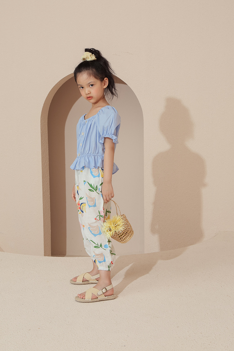 小懒猫童装夏季新品儿童甜美纯色泡泡袖上衣女童纯棉荷叶边衬衣