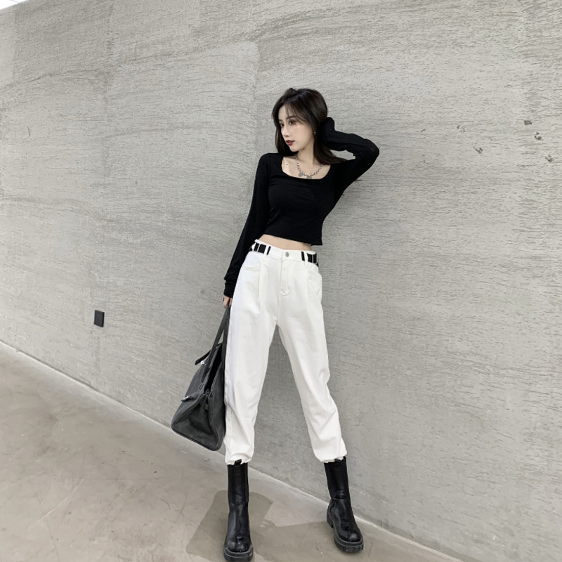 白色直筒牛仔裤女街头酷girl宽松显瘦欧美ins高腰配马丁靴的裤子