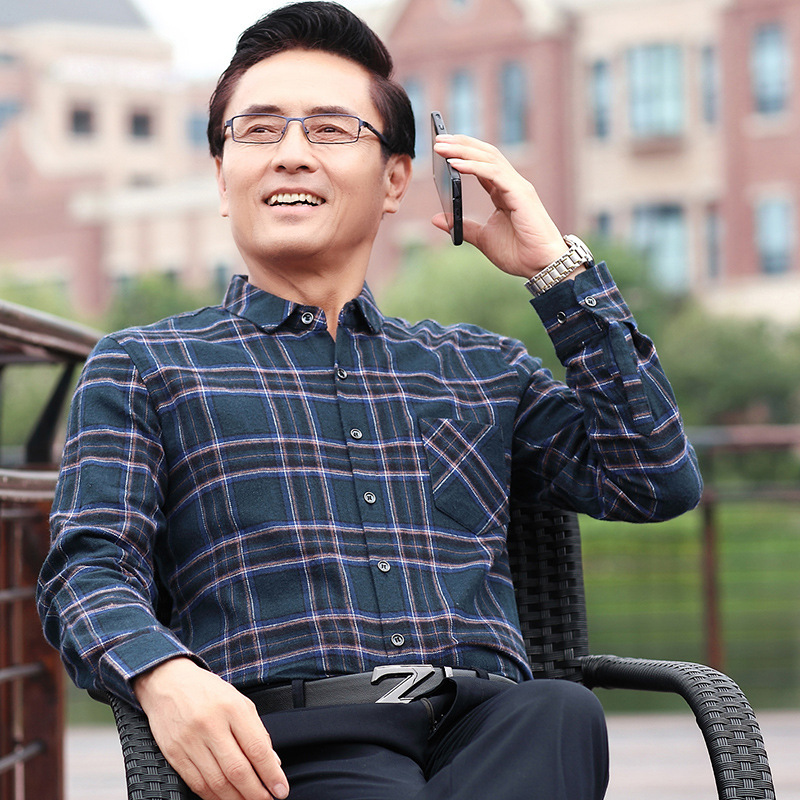 棉爸爸装长袖衬衫夏季中年人男士薄款40岁50寸衫中老年条纹衬衣