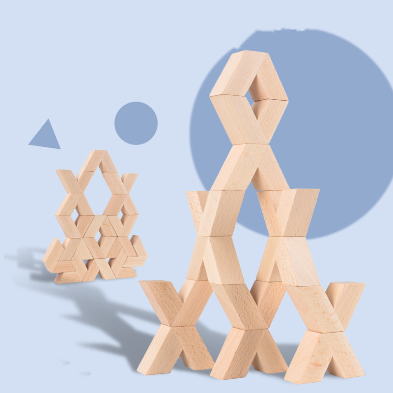 榉木三维立体积木蒙氏教具桌面拼搭幼儿园建构类区域儿童益智玩具
