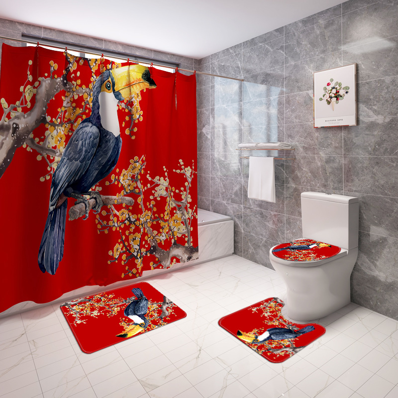 New Field Flower-Bird Print Waterproof Shower Curtain Carpet Four-Piece Set Toilet Mat Set Cross-Border AliExpress Hot Sale