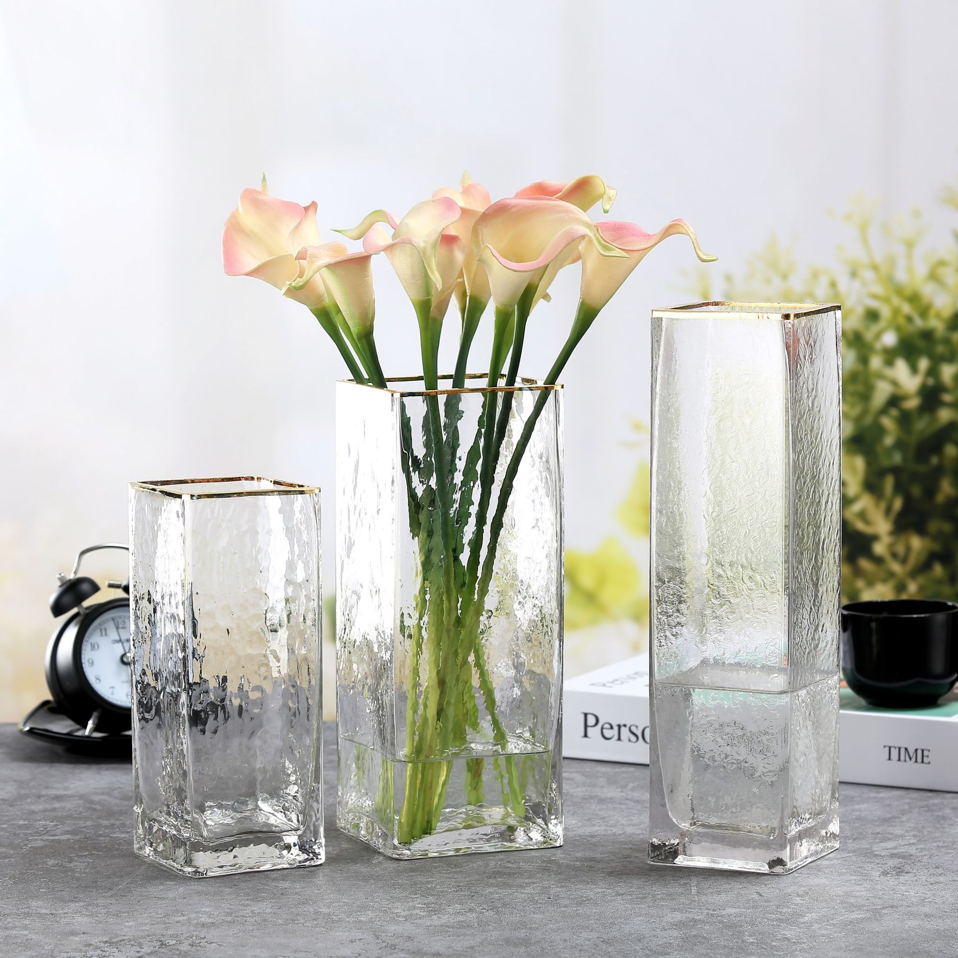 北欧金边网红玻璃花瓶冷纹创意方缸简约透明客厅水养干花插花摆件