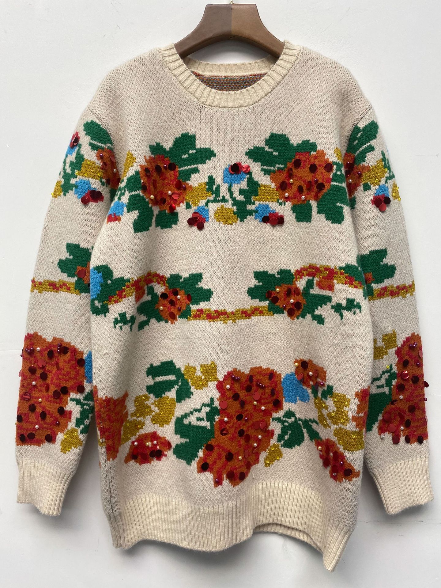 2020网红爆款秋冬女毛衣低圆领宽松长袖北野玫瑰提花针织套衫