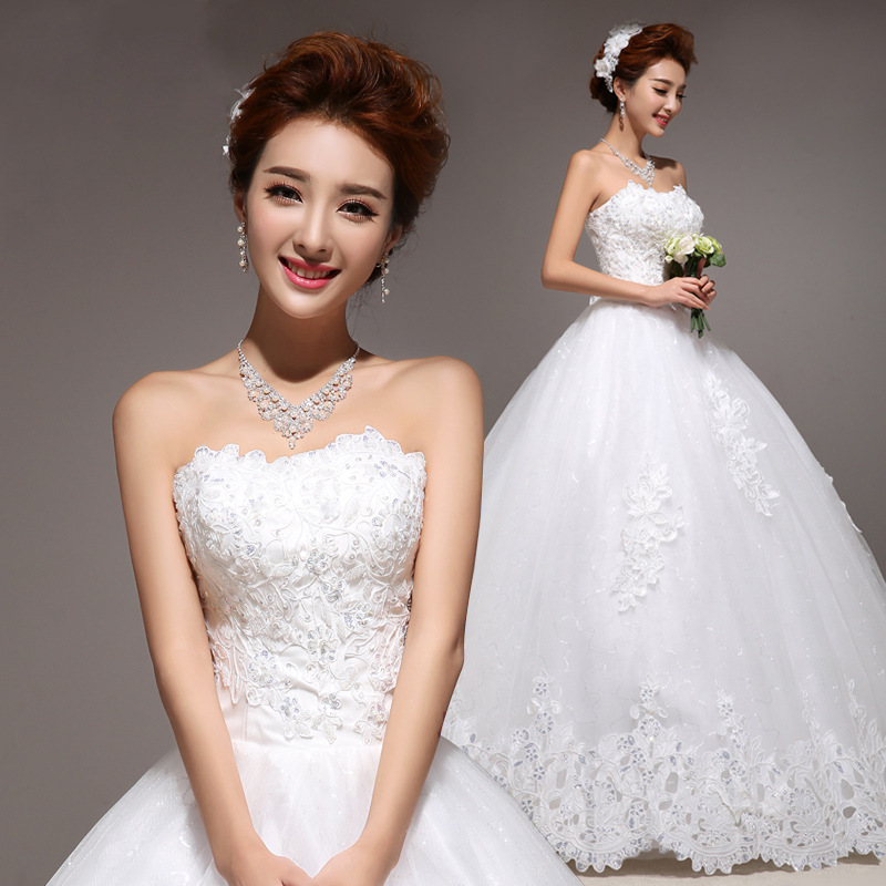 主婚纱新娘2020新款跨境白色蕾丝抹胸结婚齐地蓬蓬裙婚礼大码夏季