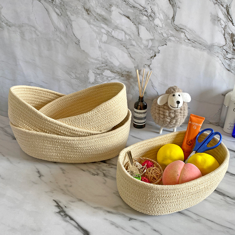 棉线手工编织篮 床头桌面零食杂物筐 收纳筐钥匙化妆品茶几收纳篮