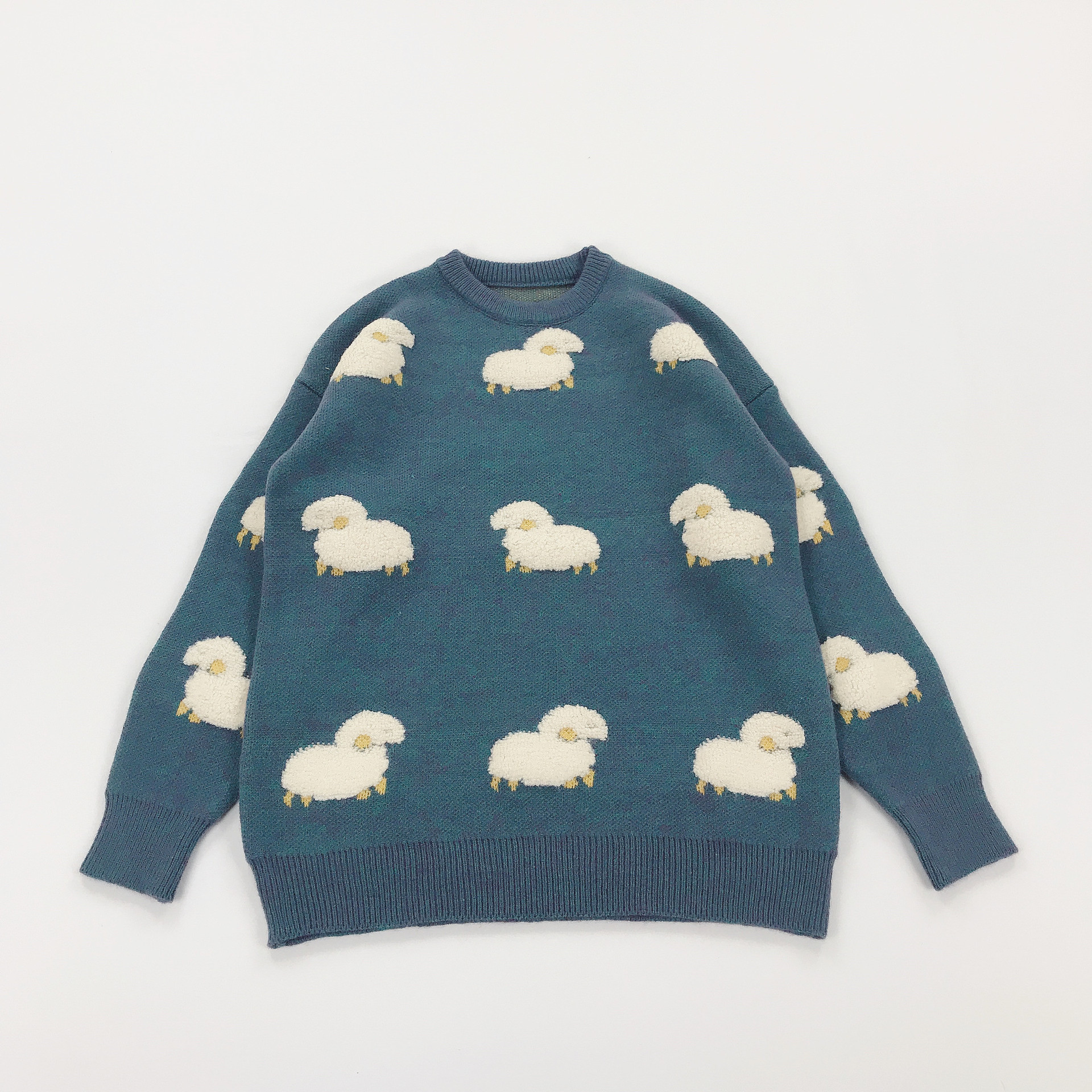 日系童趣软萌萌的小羊提花厚实圆领套头毛衣学生女一件代发