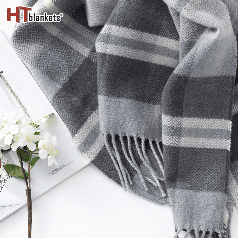 Dark Gray Plaid Wool Tassel Cover Blanket Nordic Style Wool Scarf Cover Blanket Thickened Talma