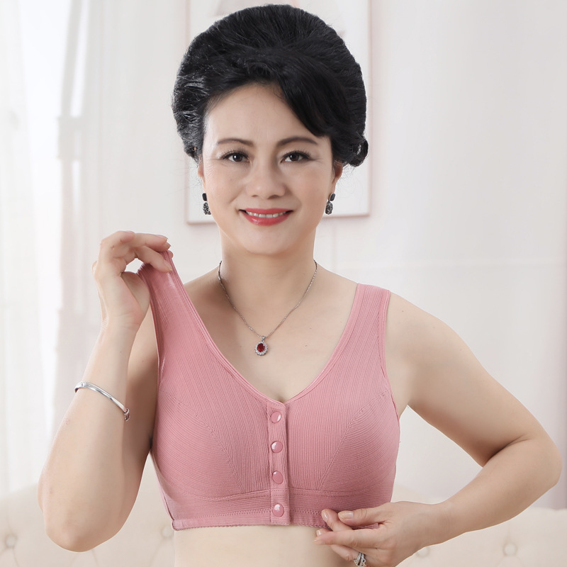 Middle-Aged and Elderly Bra Vest Pure Cotton Underwear Wireless Front Buckle Threaded Cotton Elderly Bra Mother Bra Large Size