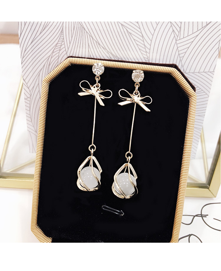 Korean Style Temperament Wild 925 Silver Pin Earrings Long Bow Tie Cat's Eye Earrings Internet Influencer Personalized Earrings Wholesale