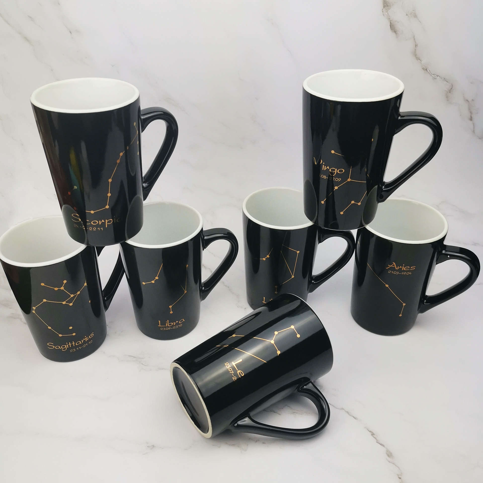 12oz陶瓷杯十二星座logo制做水杯创意咖啡杯带盖勺马克杯批发礼品