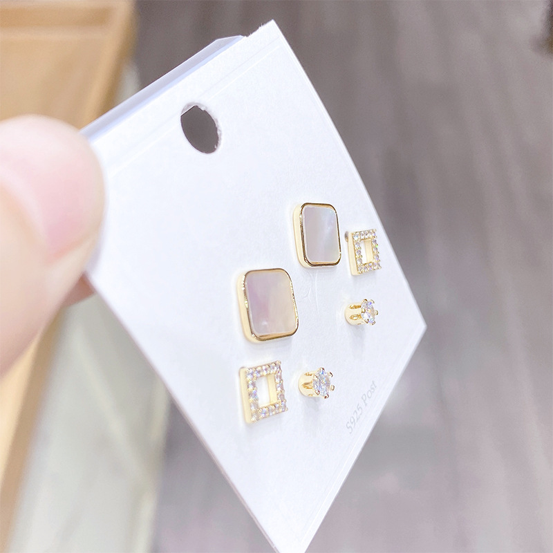 One Card Three Pairs Sterling Silver Needle Simple Stud Earrings Korean Style Color-Preserving Gold-Plated Shell Sweet Delicate Earrings Studded with Zircon