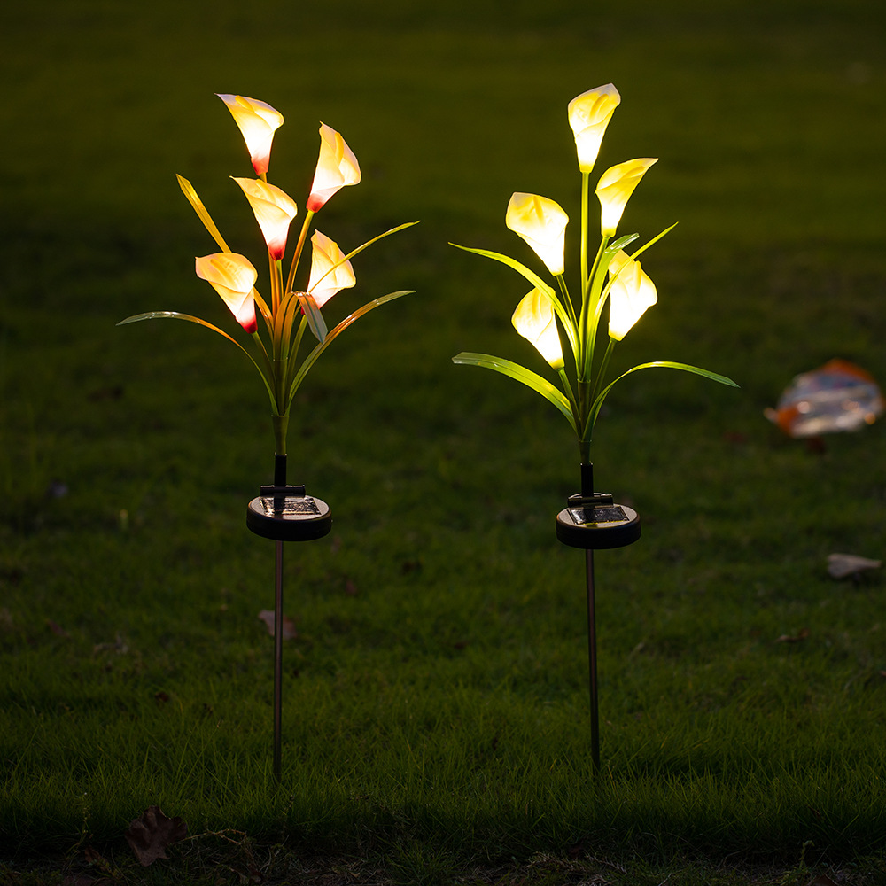 太阳能花灯新品5头马蹄莲花灯led仿真花插地灯可以闪烁常亮多功能