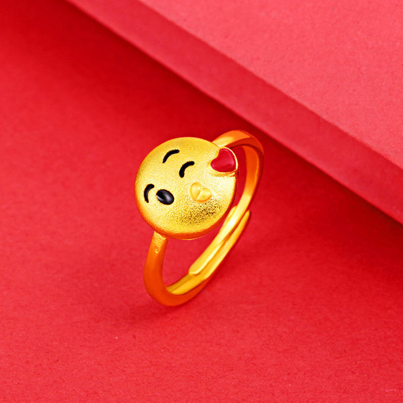 沙金开口镀金网红指环可爱萌物笑脸口红表情包学生少女风戒指