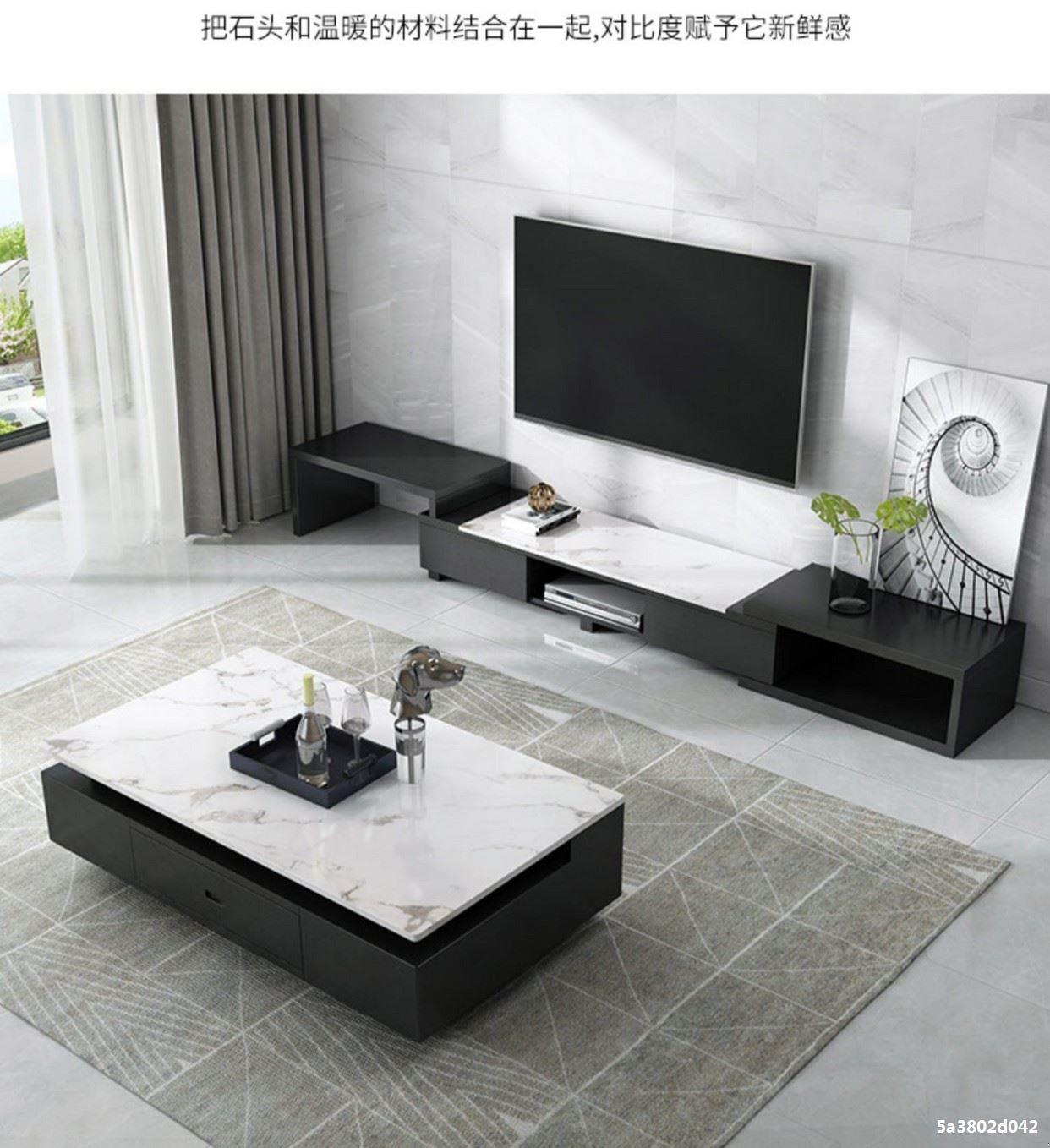 火烧石茶几电视柜组合简约北欧小户型意式轻奢大理石岩板茶几花几