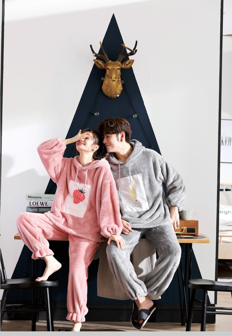 珊瑚绒睡衣情侣装冬季连帽可爱卡通法兰绒女保暖家居服套装家乐