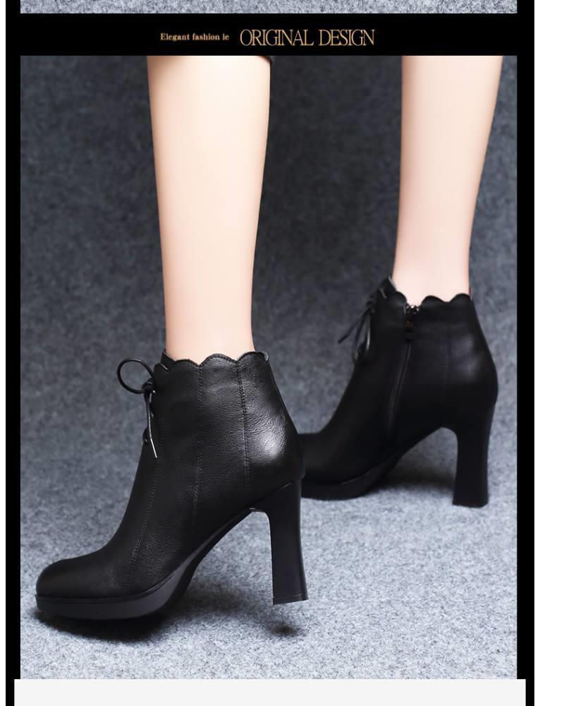 粗跟短靴女高跟鞋加绒保暖女士高帮皮鞋靴子女鞋冬季新款冬天鞋子