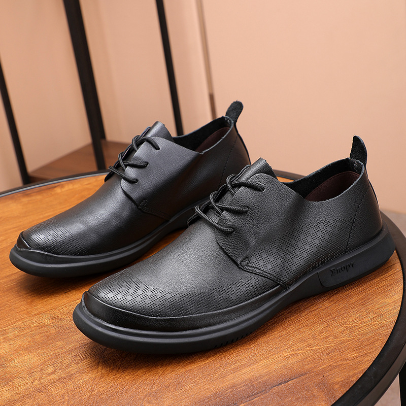 一件代发男款休闲皮鞋男软面皮软底圆头系带头层软牛皮父亲鞋舒适