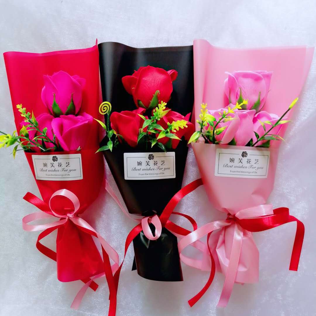 玫瑰香皂花束仿真花文具店批发3朵3层假花肥皂花520小礼物