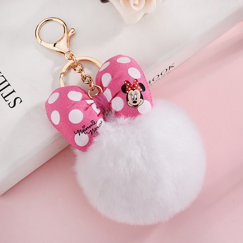 Cartoon Mickey Polka Dot Bow Hairy Ball Keychain Imitation Rex Rabbit Fur Bag Pendant Small Jewelry Wholesale