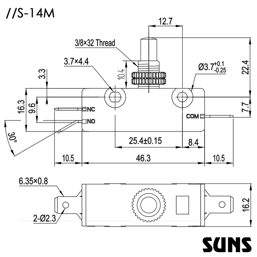 suns美国三实速动开关s-14m小型微动开关尺寸图