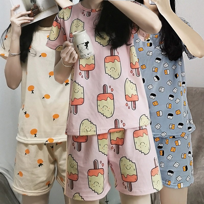 Short Sleeve Pajamas Women's Summer Ladies Home Leisure Suit Korean round Neck Women's Pajamas Milk Silk Wholesale One Piece Dropshipping