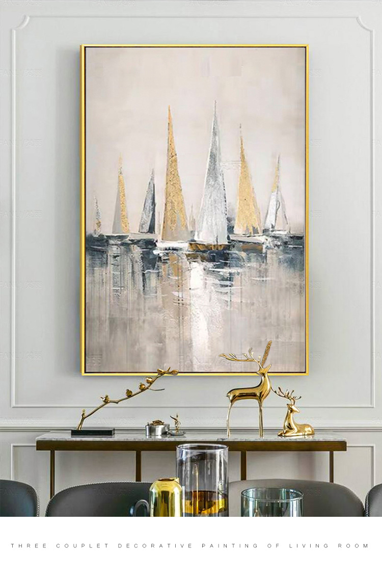 玄关轻奢风装饰画北欧走廊帆船挂画餐厅一帆风顺抽象手绘金箔油画