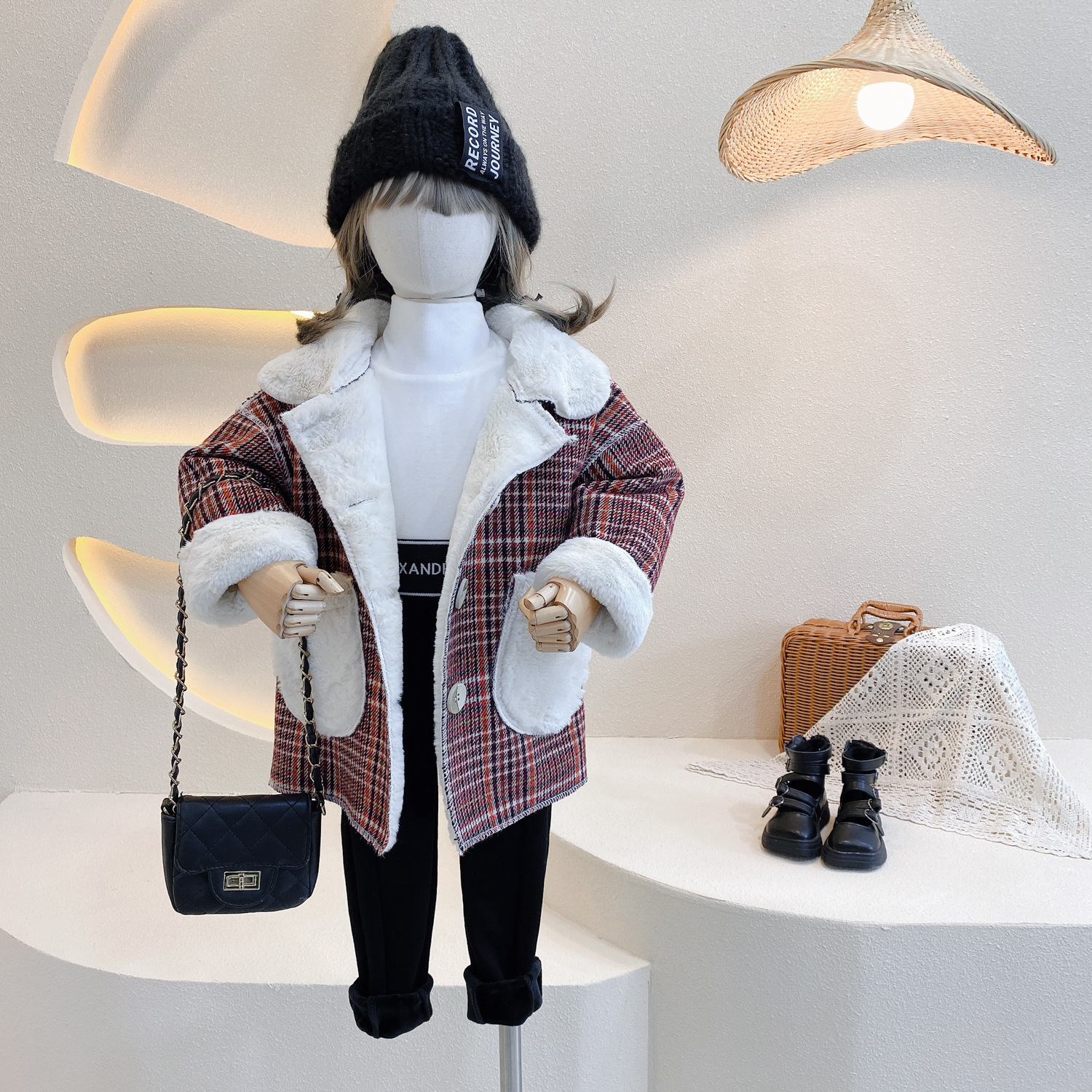 童装女童冬装皮毛一体外衣女宝宝冬季加绒小女孩保暖外套格子大衣