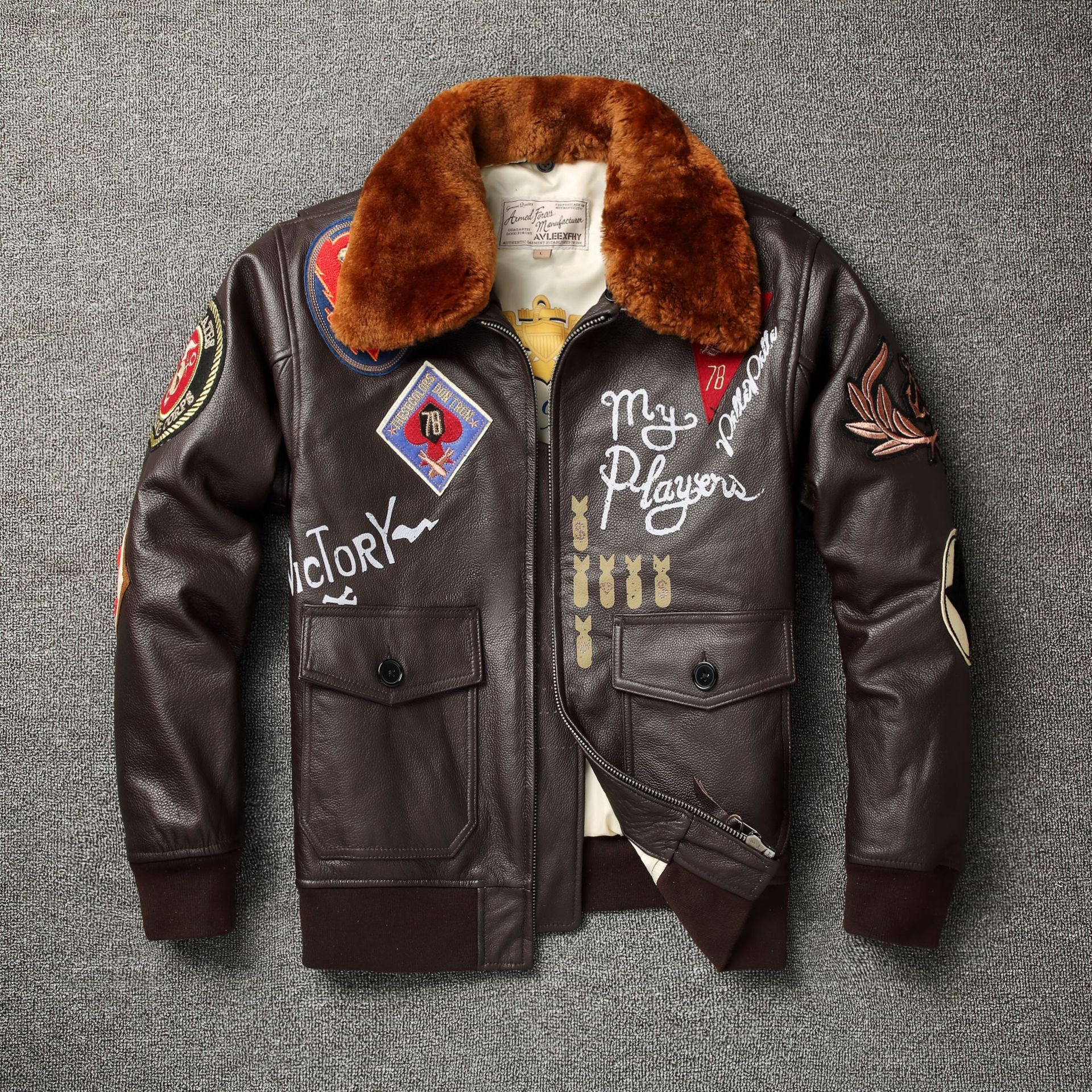 出口单牛货刺绣金标飞翼g1航空飞机涂鸦男士飞行夹克外套牛皮皮衣