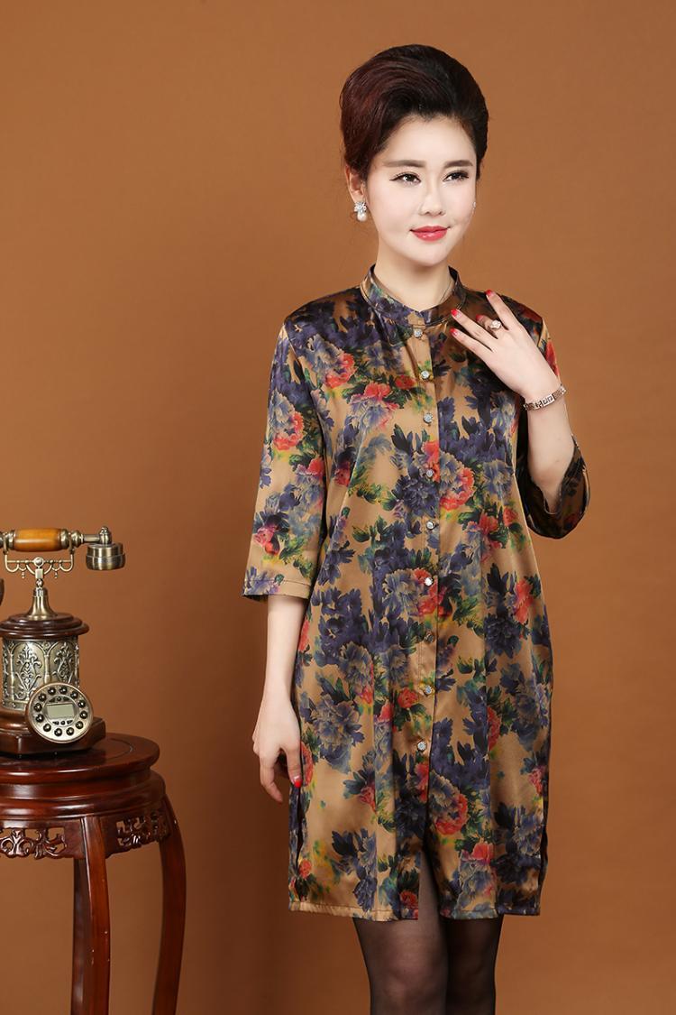 真丝衬衫中长款立领七分袖中老年女装妈妈装桑蚕丝立领香云纱上衣