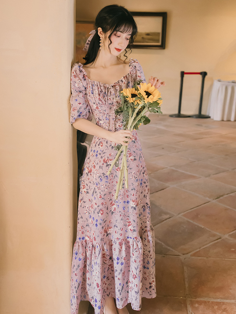 实拍#春素净雅致人气显瘦中长款连衣裙法式少女田园风-阿里巴巴