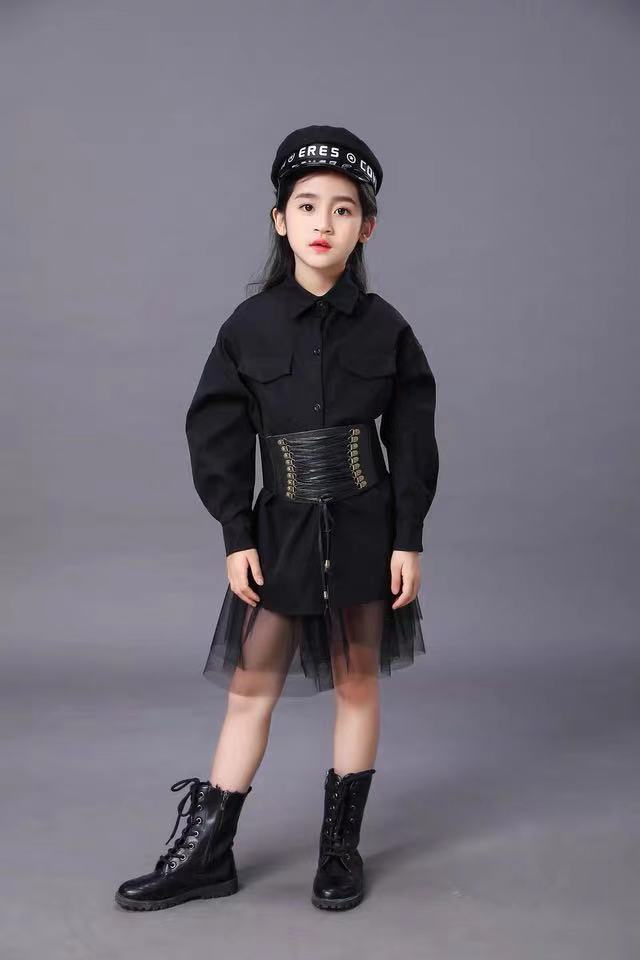 儿童黑色套装女童模特比赛t台时尚走秀服装礼服六一演出西服潮夏
