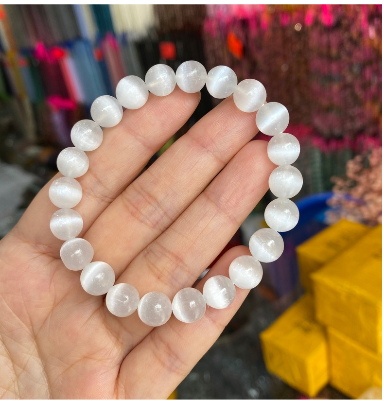 selenite 天然石膏石圆珠手链天然透石膏石手串厂家批发 外贸跨境