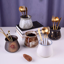 创意日式手绘水果叉套装家用陶瓷碗罐子筷子筒水果签果勺子收纳筒