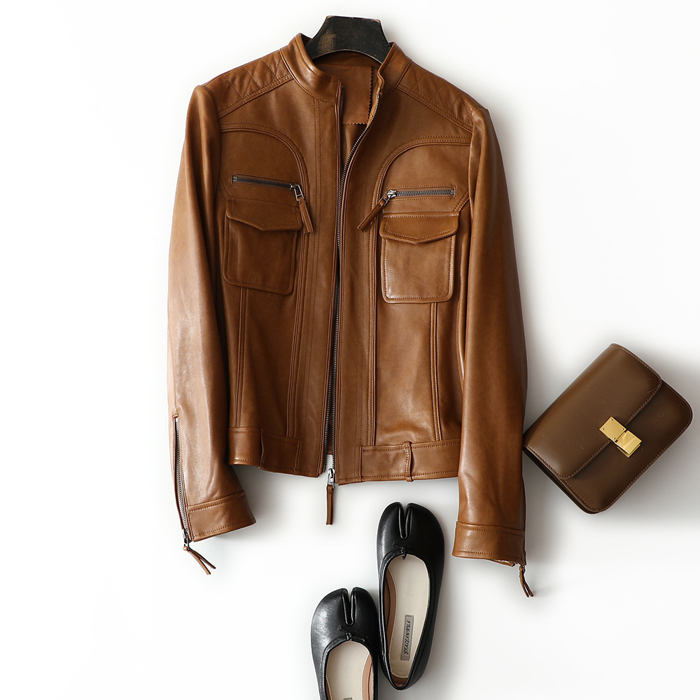 植鞣水洗做旧工艺!绵羊皮明线拉链皮衣外套