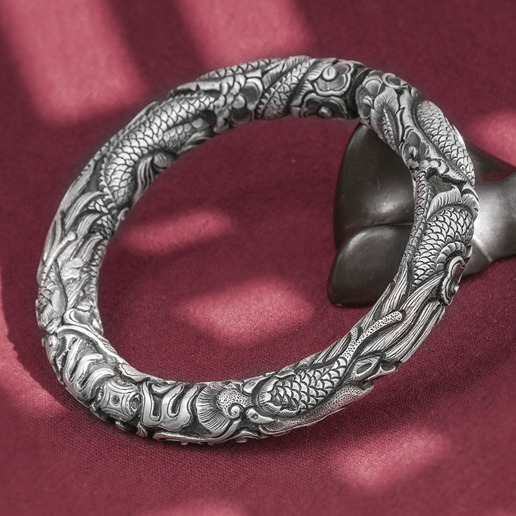 双龙戏珠足银手镯男士999足银龙手镯属相银饰品女款银饰礼物