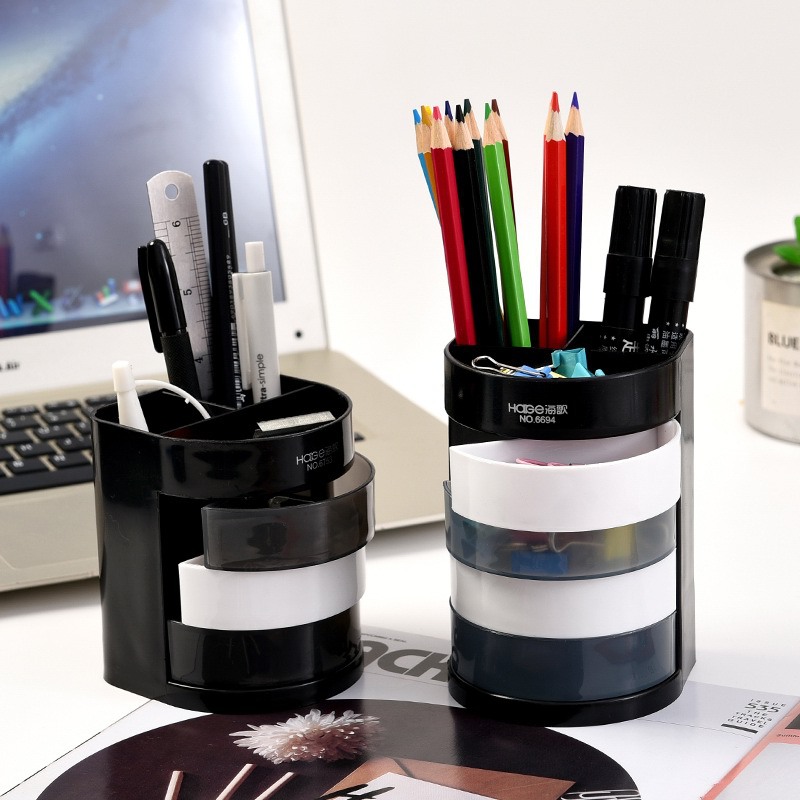 Multifunctional Storage Box Large Capacity Pen Container Rotating Four-Layer Multi-Grid Pen Holder Wholesale round Desktop Plastic Pen Holder