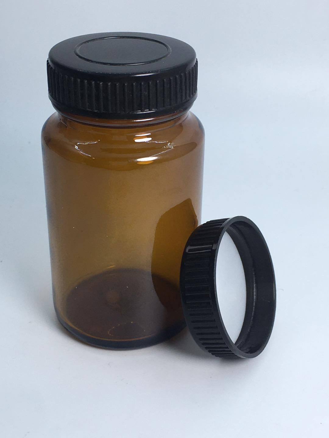 75毫升茶色广口瓶胶囊瓶药用玻璃瓶配38牙黑色条纹塑料盖套装