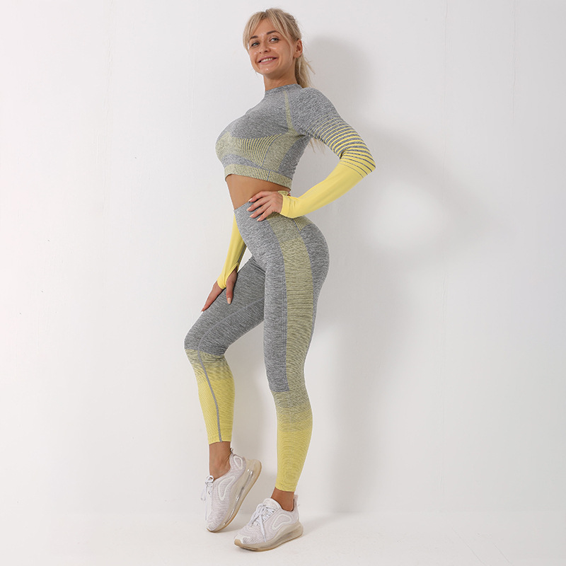 European and American Large Size Quick-Drying Seamless Yoga Suit Women's Long-Sleeved Yoga Clothes Sports Top Lulu Yoga Pants Trousers