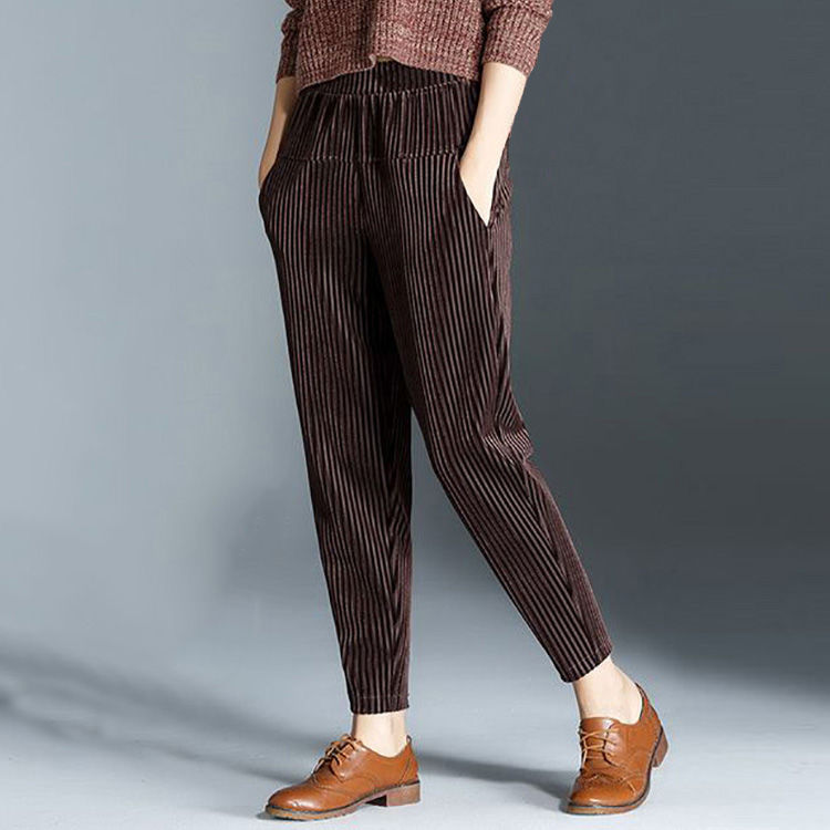 金丝绒裤子女冬季加绒宽松运动休闲哈伦裤灯芯绒萝卜裤女条绒裤