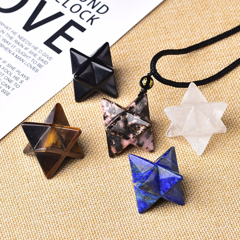 天然水晶梅尔卡巴吊坠白水晶黑曜石虎眼石青金石原石打磨大卫星