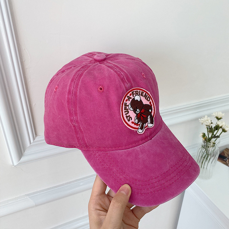 韩国ins可爱粉色小熊鸭舌帽土酷少女复古做旧水洗休闲软顶棒球帽