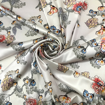 杭州丝绸厂家批发真丝弹力缎数码喷绘旗袍面料印花连衣裙桑蚕丝布